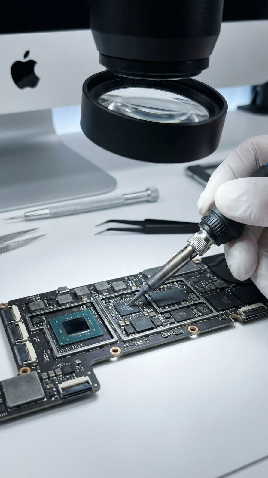 Microsoldadura de placa lógica bajo microscopio en laboratorio Luisito Repara